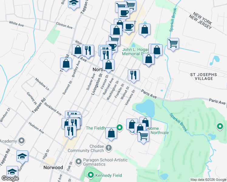 map of restaurants, bars, coffee shops, grocery stores, and more near 184 Franklin Street in Northvale
