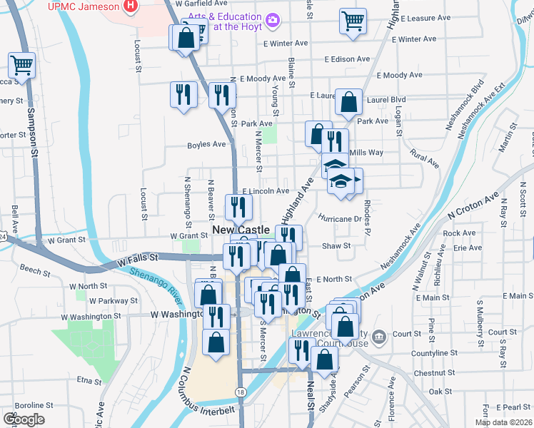 map of restaurants, bars, coffee shops, grocery stores, and more near 310 North Mercer Street in New Castle