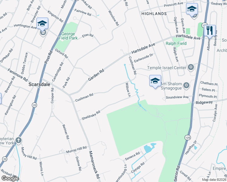 map of restaurants, bars, coffee shops, grocery stores, and more near 56 Cushman Road in Scarsdale