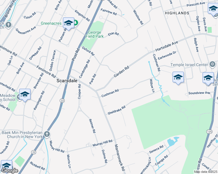 map of restaurants, bars, coffee shops, grocery stores, and more near 15 Cushman Road in Scarsdale