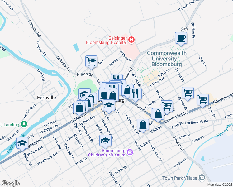 map of restaurants, bars, coffee shops, grocery stores, and more near 232 East Street in Bloomsburg