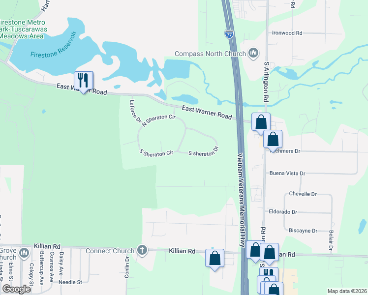 map of restaurants, bars, coffee shops, grocery stores, and more near 666 North Sheraton Drive in Akron