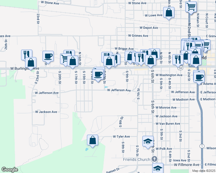 map of restaurants, bars, coffee shops, grocery stores, and more near 901-1171 W Jefferson Ave in Fairfield