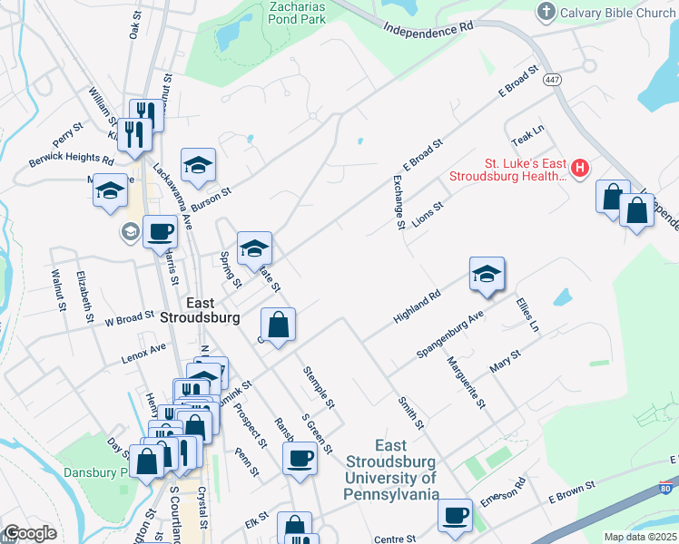 map of restaurants, bars, coffee shops, grocery stores, and more near 210 Grand Street in East Stroudsburg