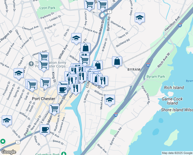 map of restaurants, bars, coffee shops, grocery stores, and more near 21 North Water Street in Greenwich