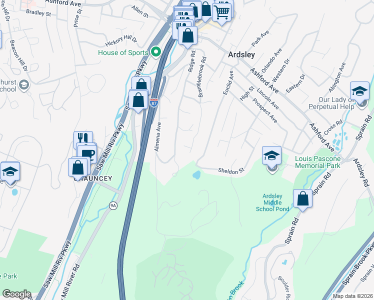 map of restaurants, bars, coffee shops, grocery stores, and more near 135 Bramblebrook Road in Ardsley