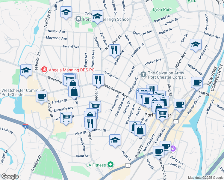 map of restaurants, bars, coffee shops, grocery stores, and more near 370 Westchester Avenue in Port Chester