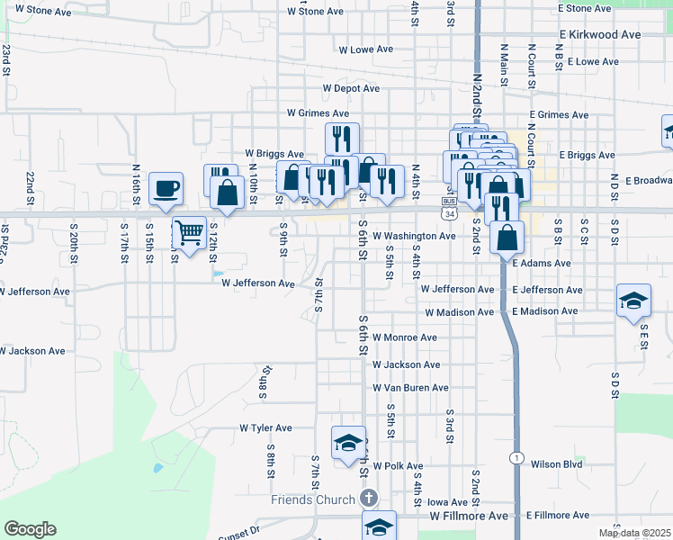 map of restaurants, bars, coffee shops, grocery stores, and more near 601 West Jefferson Avenue in Fairfield