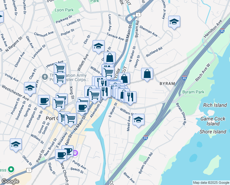 map of restaurants, bars, coffee shops, grocery stores, and more near 6 North Water Street in Greenwich