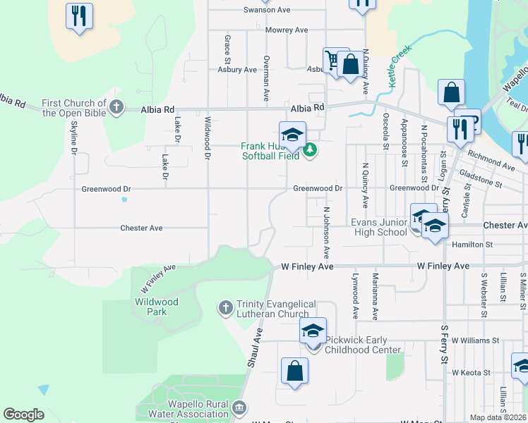 map of restaurants, bars, coffee shops, grocery stores, and more near 304 Minneopa Avenue in Ottumwa