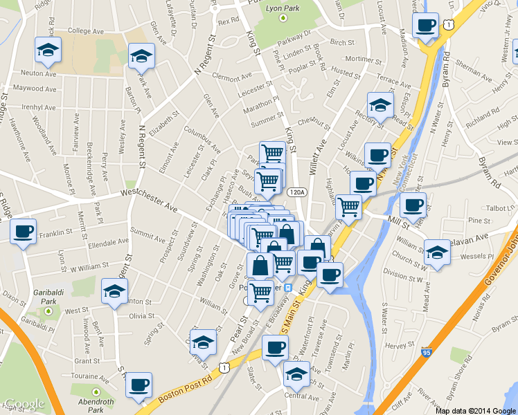 map of restaurants, bars, coffee shops, grocery stores, and more near 44 Poningo Street in Port Chester