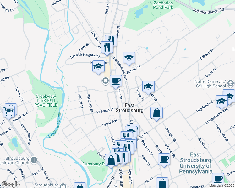 map of restaurants, bars, coffee shops, grocery stores, and more near 186 North Courtland Street in East Stroudsburg