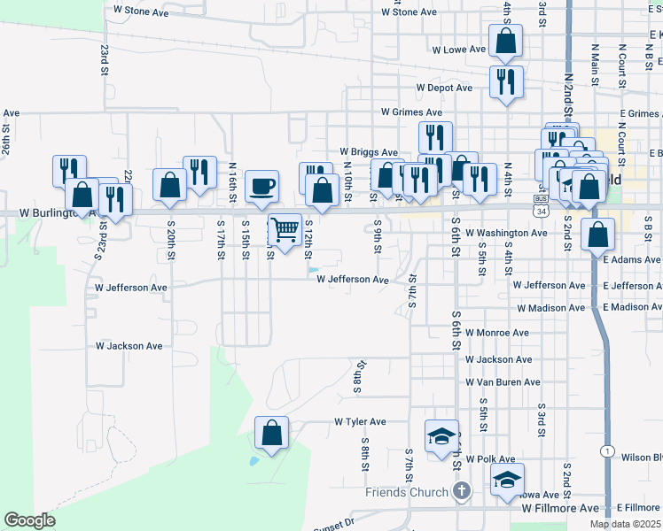 map of restaurants, bars, coffee shops, grocery stores, and more near 901-1171 W Jefferson Ave in Fairfield