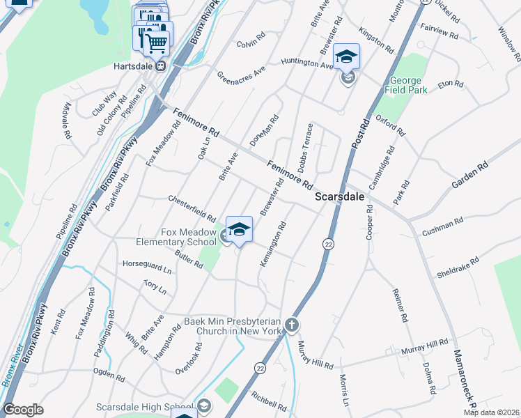 map of restaurants, bars, coffee shops, grocery stores, and more near 73 Brewster Road in Scarsdale