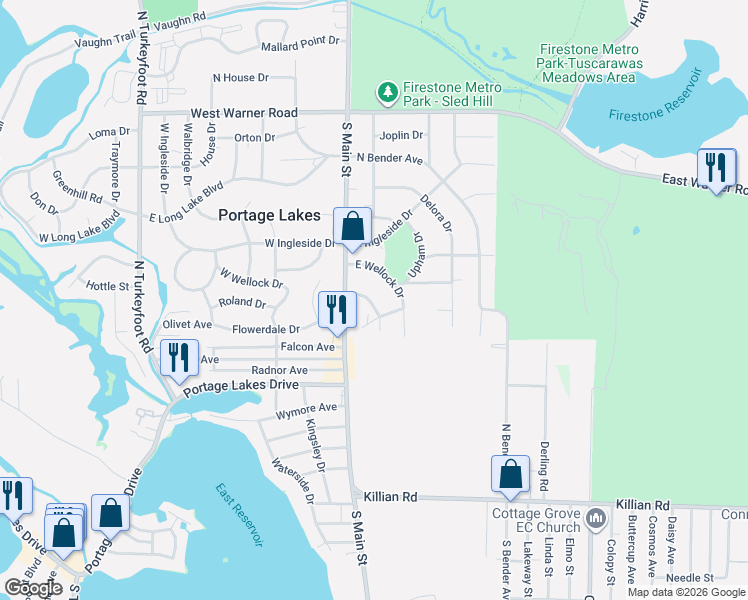 map of restaurants, bars, coffee shops, grocery stores, and more near 59 Leicester Drive in Akron