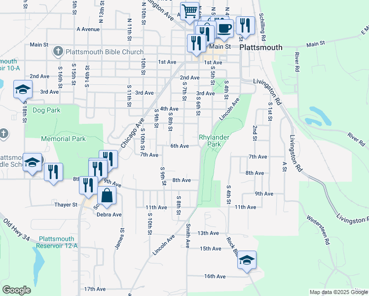 map of restaurants, bars, coffee shops, grocery stores, and more near 625 6th Avenue in Plattsmouth