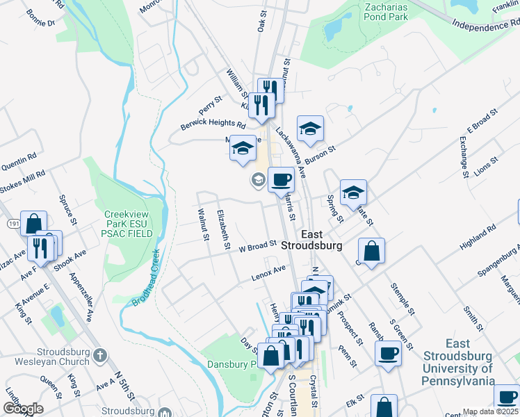 map of restaurants, bars, coffee shops, grocery stores, and more near 207 Grove Street in East Stroudsburg
