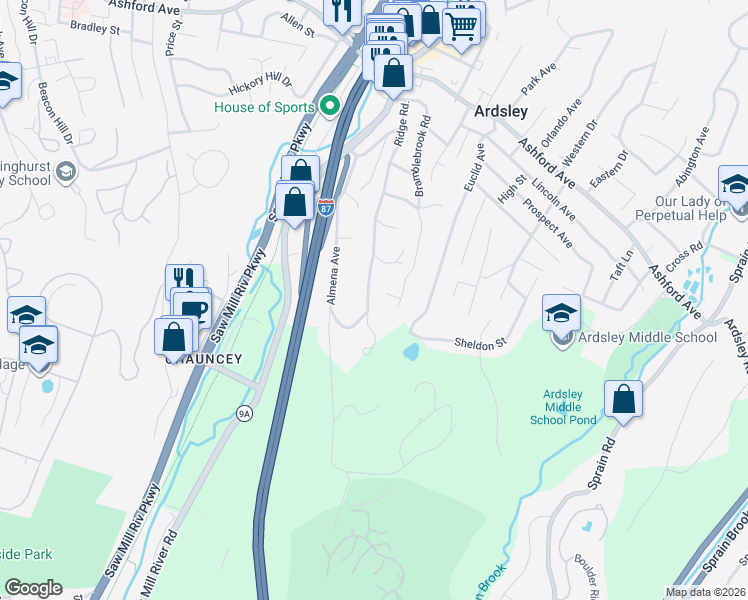 map of restaurants, bars, coffee shops, grocery stores, and more near 114 Ridge Road in Ardsley