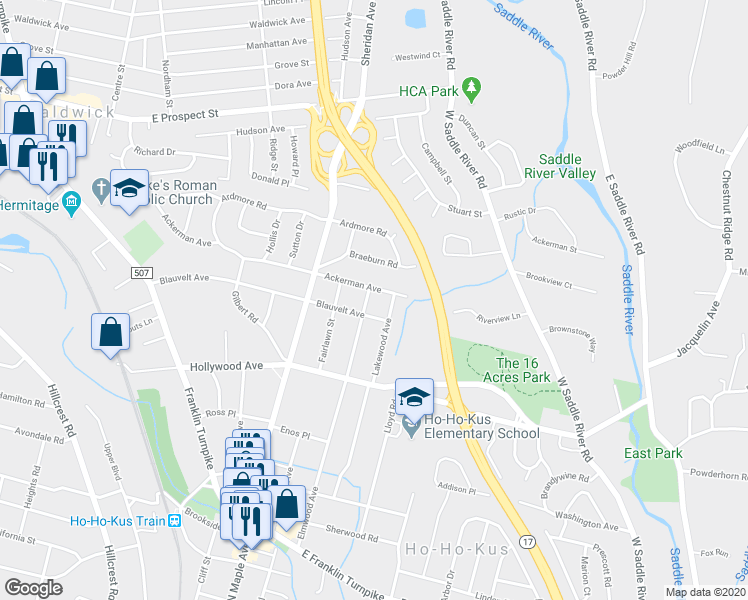 map of restaurants, bars, coffee shops, grocery stores, and more near 246 Elmwood Avenue in Ho-Ho-Kus