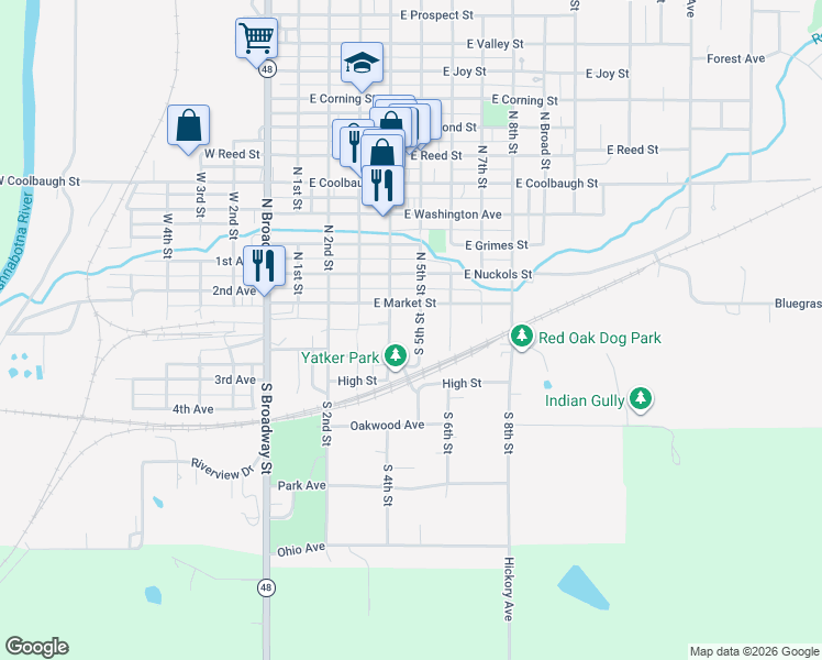 map of restaurants, bars, coffee shops, grocery stores, and more near 110 South 4th Street in Red Oak