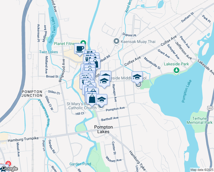 map of restaurants, bars, coffee shops, grocery stores, and more near 44 Lakeside Avenue in Pompton Lakes