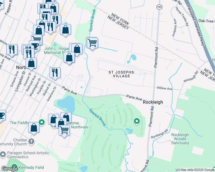 map of restaurants, bars, coffee shops, grocery stores, and more near 16 Paris Avenue in Rockleigh