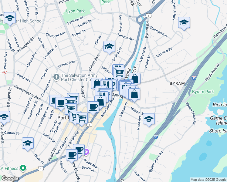 map of restaurants, bars, coffee shops, grocery stores, and more near 1 Mill Street in Port Chester