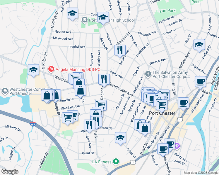 map of restaurants, bars, coffee shops, grocery stores, and more near 25 South Regent Street in Port Chester