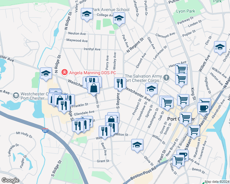 map of restaurants, bars, coffee shops, grocery stores, and more near 419 Franklin Street in Port Chester