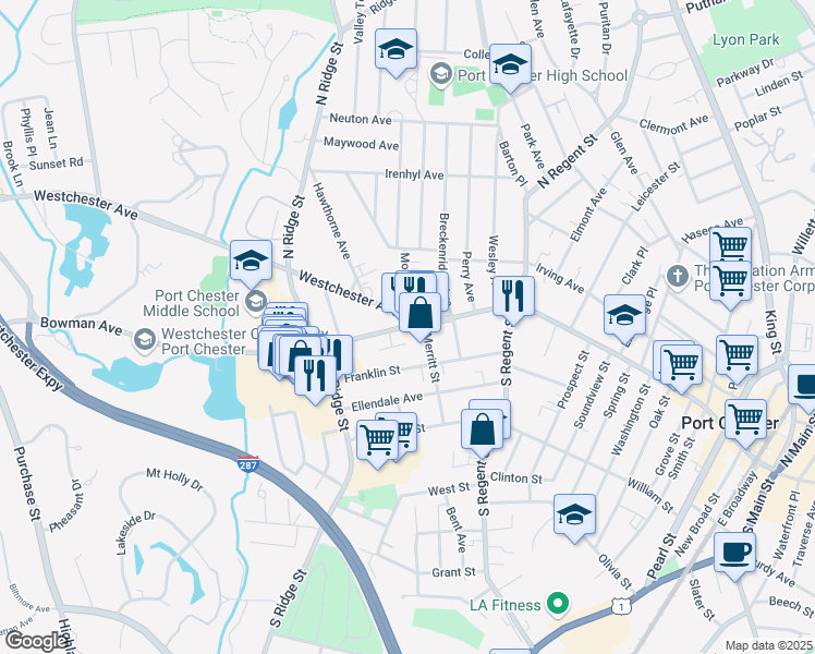 map of restaurants, bars, coffee shops, grocery stores, and more near 2 Osborne Place in Port Chester