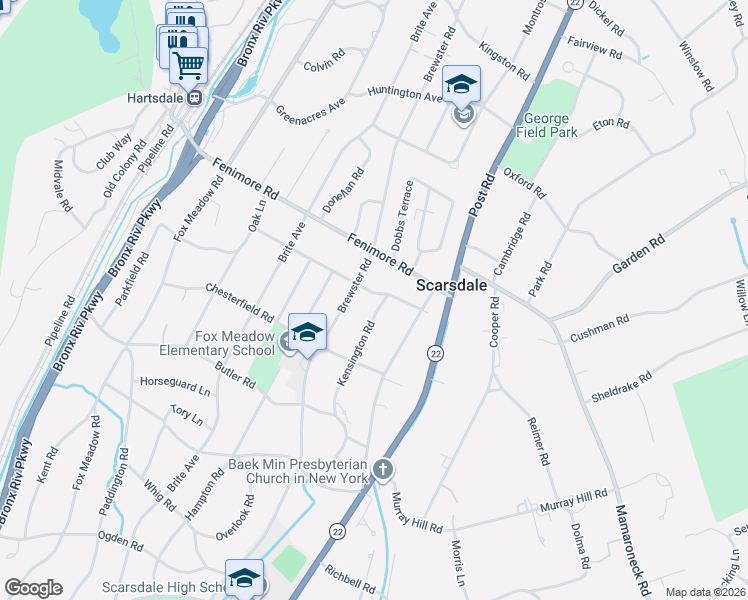map of restaurants, bars, coffee shops, grocery stores, and more near 23 Kensington Road in Scarsdale