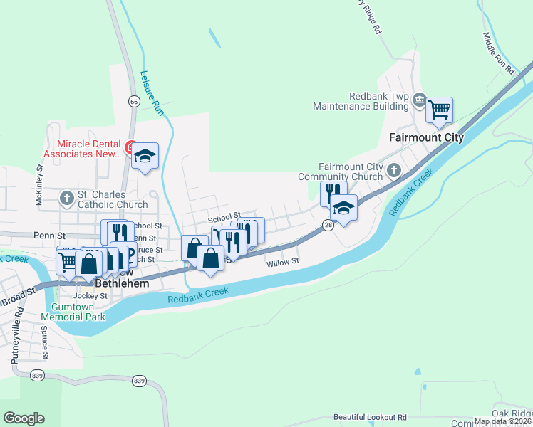 map of restaurants, bars, coffee shops, grocery stores, and more near 806 Penn Street in New Bethlehem