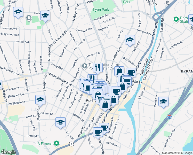 map of restaurants, bars, coffee shops, grocery stores, and more near 68 Poningo St in Port Chester