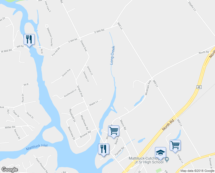map of restaurants, bars, coffee shops, grocery stores, and more near 4252 Grand Avenue in Mattituck
