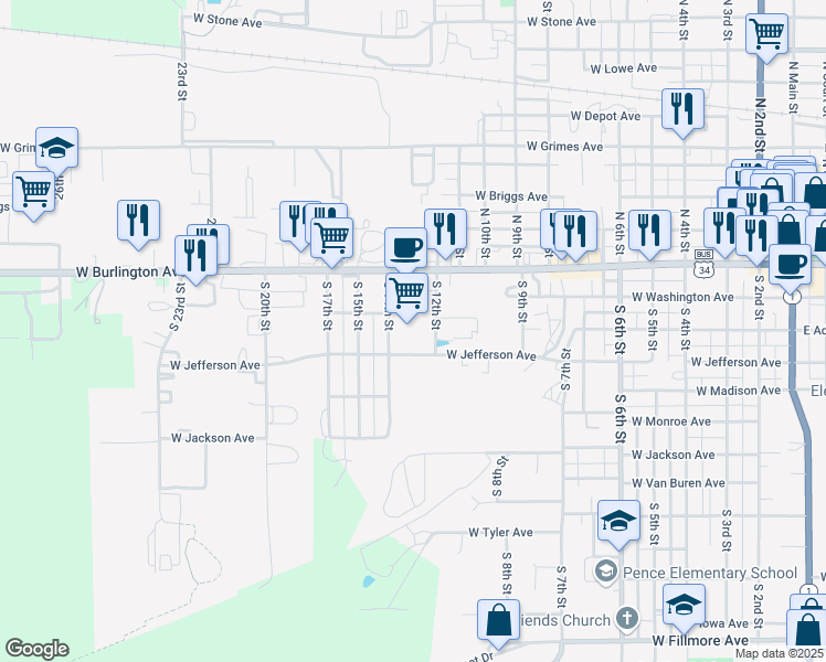 map of restaurants, bars, coffee shops, grocery stores, and more near 1300 West Burlington Avenue in Fairfield
