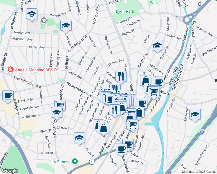 map of restaurants, bars, coffee shops, grocery stores, and more near 52 Washington Mews in Port Chester