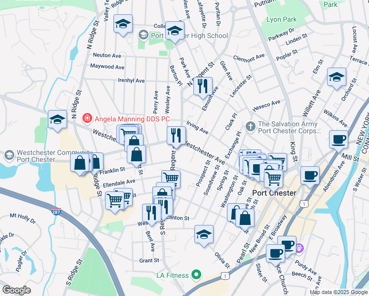 map of restaurants, bars, coffee shops, grocery stores, and more near 25 South Regent Street in Port Chester