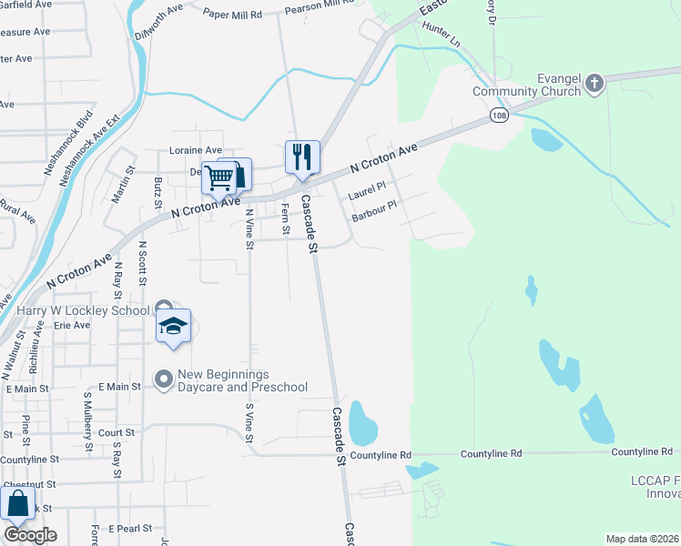 map of restaurants, bars, coffee shops, grocery stores, and more near 320 Cascade Street in New Castle
