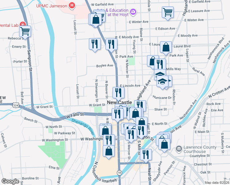 map of restaurants, bars, coffee shops, grocery stores, and more near 319 North Jefferson Street in New Castle