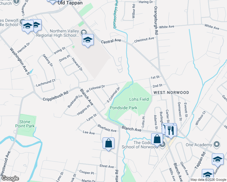 map of restaurants, bars, coffee shops, grocery stores, and more near 71 South Colonial Drive in Harrington Park