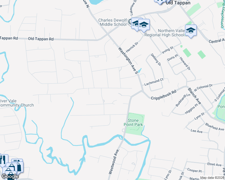 map of restaurants, bars, coffee shops, grocery stores, and more near 34 Seneca Court in Old Tappan