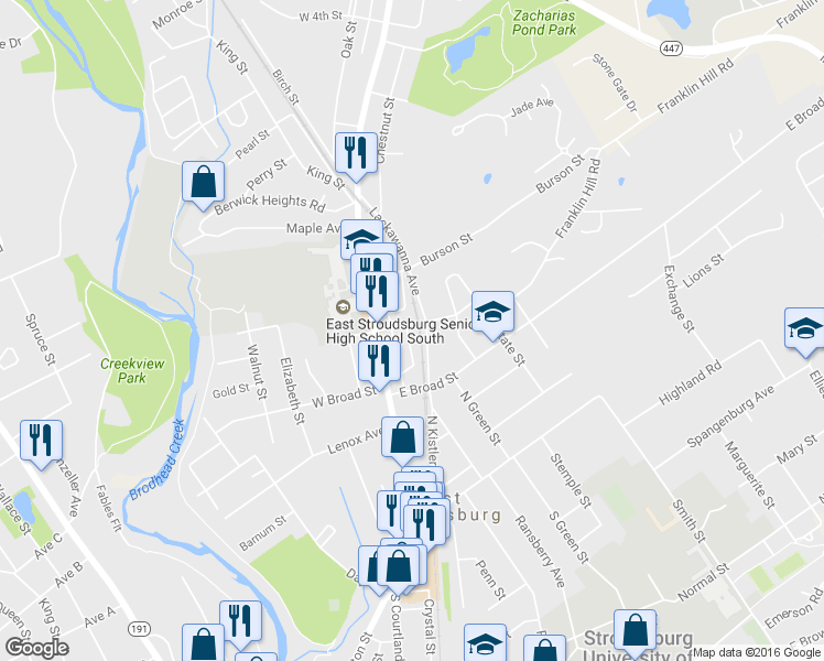 map of restaurants, bars, coffee shops, grocery stores, and more near 200 Meyers Street in East Stroudsburg