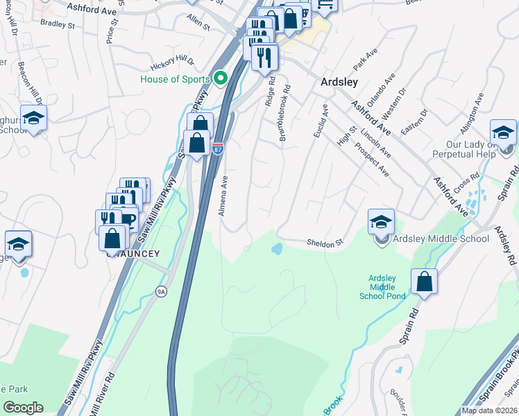 map of restaurants, bars, coffee shops, grocery stores, and more near 135 Bramblebrook Road in Ardsley