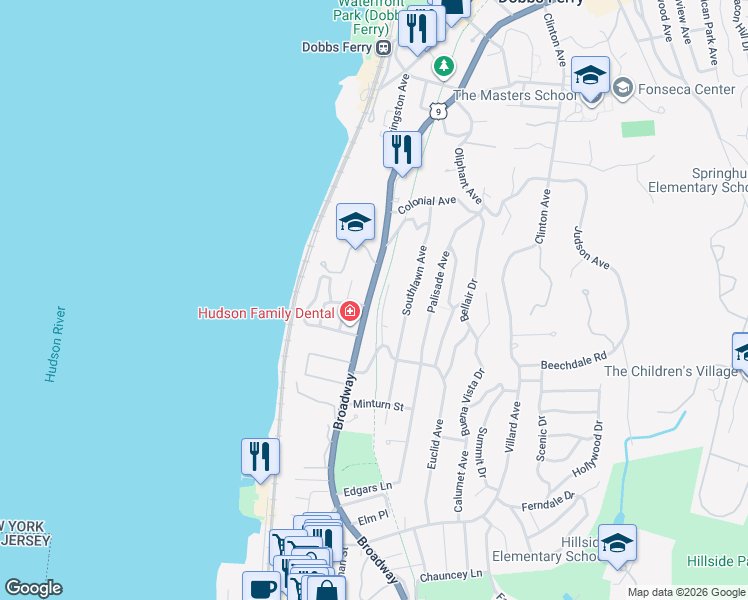 map of restaurants, bars, coffee shops, grocery stores, and more near 36 Broadway in Dobbs Ferry