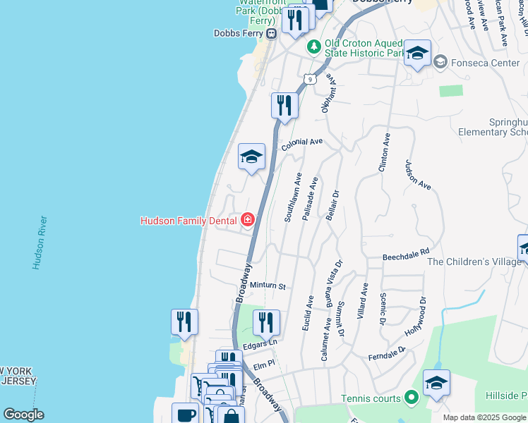 map of restaurants, bars, coffee shops, grocery stores, and more near 36 Broadway in Dobbs Ferry