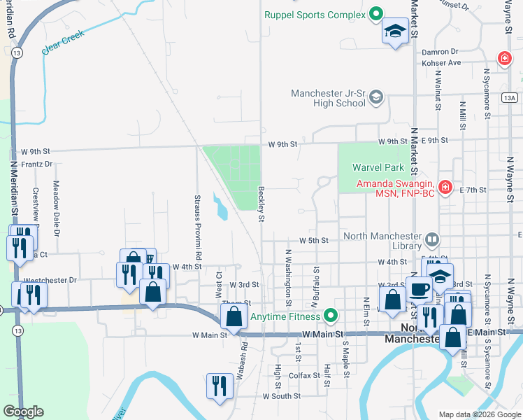 map of restaurants, bars, coffee shops, grocery stores, and more near 649 Beckley Street in North Manchester