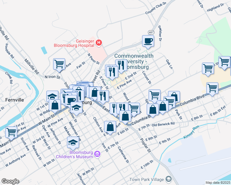 map of restaurants, bars, coffee shops, grocery stores, and more near 400 East 2nd Street in Bloomsburg