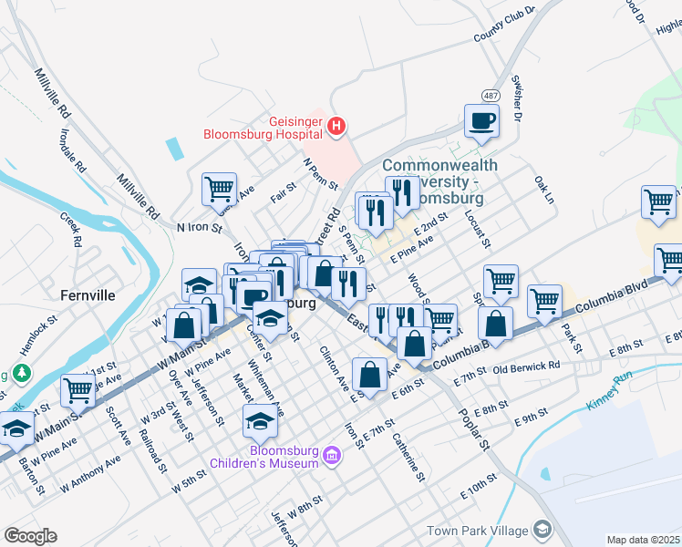 map of restaurants, bars, coffee shops, grocery stores, and more near East 2nd Street in Bloomsburg
