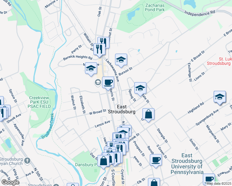 map of restaurants, bars, coffee shops, grocery stores, and more near 173 Meyers Street in East Stroudsburg
