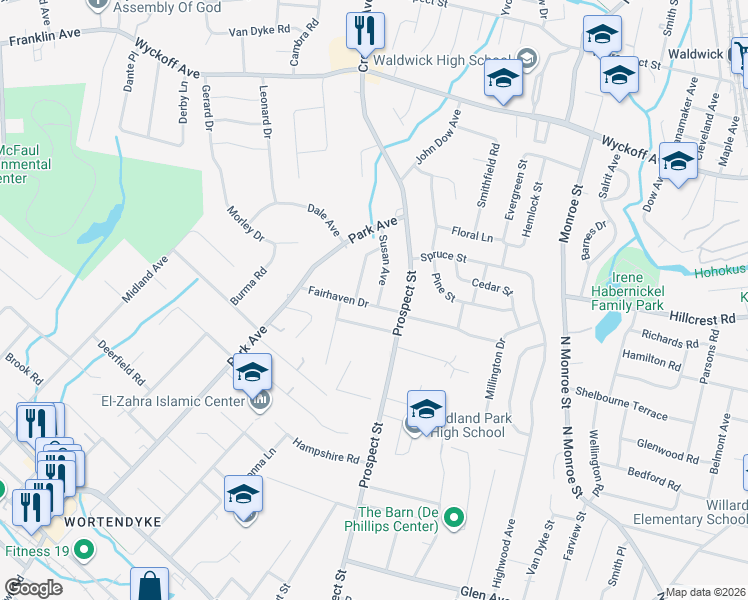 map of restaurants, bars, coffee shops, grocery stores, and more near 26 Waldo Avenue in Midland Park